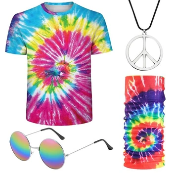 4dílná sada hippie kostýmu pro muže, hippie tričko, brýle, náhrdelník míru, čelenka, outfit 60./70.