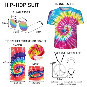 4dílná sada hippie kostýmu pro muže, hippie tričko, brýle, náhrdelník míru, čelenka, outfit 60./70.