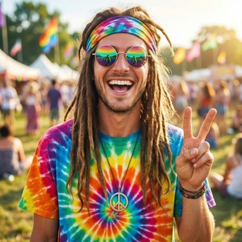 4dílná sada hippie kostýmu pro muže, hippie tričko, brýle, náhrdelník míru, čelenka, outfit 60./70.