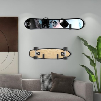Nástěnný držák na snowboard (horizontální), Nástěnný držák na skateboard, Černý držák na snowboard