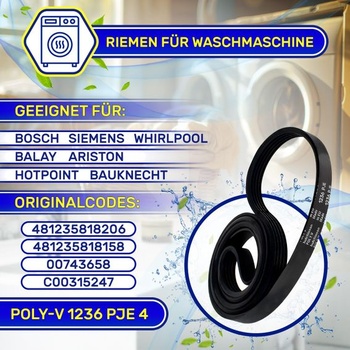 Klínový řemen pro pračku Poly-V 1236 PJE4 481235818206 pro Whirlpool