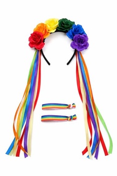 LGBTQ kvetinová čelenka, dúhová čelenka s 2 náramkami, dúhová ružová čelenka, kvetinová korunná