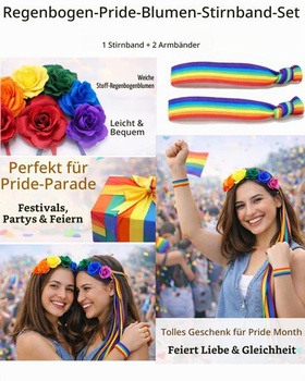 LGBTQ květinová čelenka, duhová čelenka se 2 náramky, duhová růžová čelenka, květinová korunní