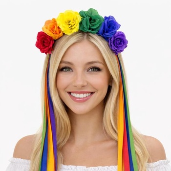 LGBTQ kvetinová čelenka, dúhová čelenka s 2 náramkami, dúhová ružová čelenka, kvetinová korunná