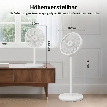 Stojanový ventilátor s diaľkovým a dotykovým ovládaním, odnímateľná tyč (91 cm/63,5 cm), 3 režimy