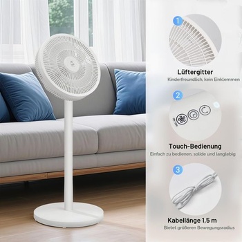 Stojanový ventilátor s dálkovým a dotykovým ovládáním, odnímatelná tyč (91 cm/63,5 cm), 3 režimy