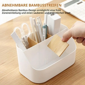 2dílný 5přihrádkový stolní organizér, bílý, s odnímatelnými bambusovými dělicími příčkami, držák na