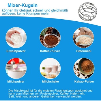 Sada 4 nerezových proteínových šejkrov, kovová šejkrová gulička, pružinový mixér, metla na