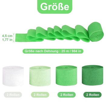 Balenie 8 roliek krepového papiera v odtieňoch zelenej na párty dekorácie, 4,5 cm x 25 m, svetlo zelená