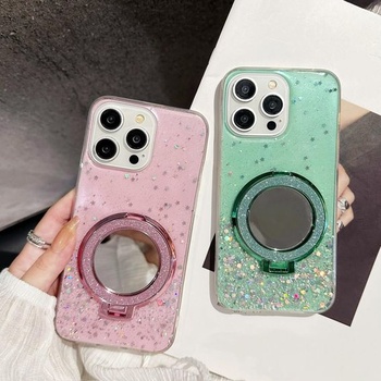 IMEIKONST Trblietavý kryt pre iPhone 17 Air s kozmetickým zrkadlom a stojanom, priehľadný ochranný