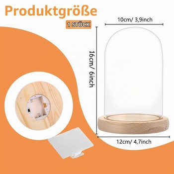 AKOLAFE Sklenený zvonček s dreveným podstavcom, výška 16 cm, dekorácia sklenenej kupoly, priemer 10 cm,