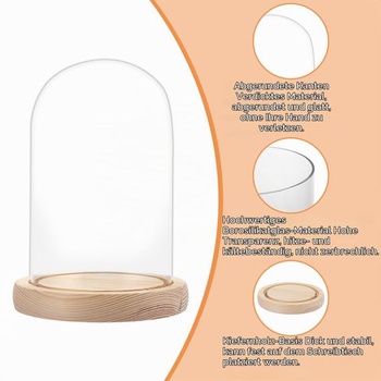 AKOLAFE Skleněný zvonek s dřevěným podstavcem, výška 16 cm, dekorace skleněné kopule, průměr 10 cm,