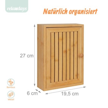 Kľúčová schránka Relaxdays, bambus, 8 háčikov, design A, prírodné lamelové dvere