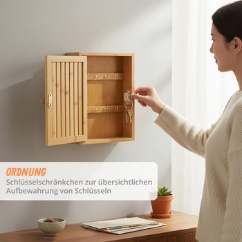 Kľúčová schránka Relaxdays, bambus, 8 háčikov, design A, prírodné lamelové dvere