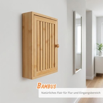 Kľúčová schránka Relaxdays, bambus, 8 háčikov, design A, prírodné lamelové dvere