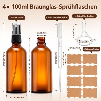 100ml hnedé sklenené rozprašovače, sada 4 kusov, znovu naplniteľné, malé, prázdne rozprašovače k
