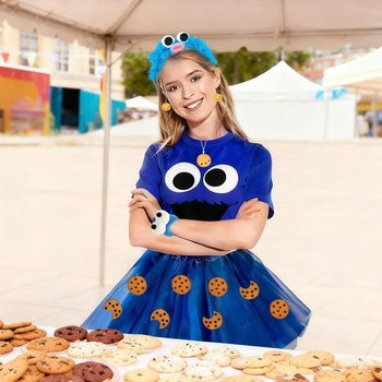 Dámsky kostým Cookie Monster TUIBEIDAMAI, sada kostýmu Cookie Monster s tričkom, modrú tylovú