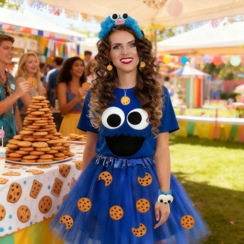 Dámsky kostým Cookie Monster TUIBEIDAMAI, sada kostýmu Cookie Monster s tričkom, modrú tylovú