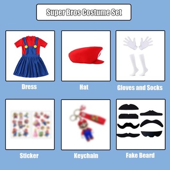Cosplay kostým Super Brothers, sada kostýmu Super inštalatéra s klobúkom, fúzami, rukavicami,