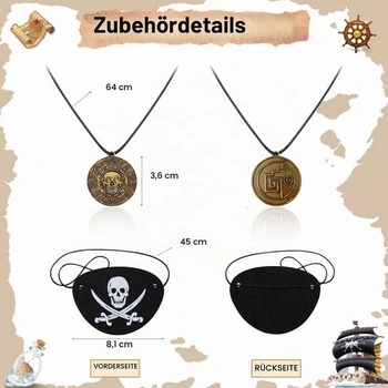 Sada 4 doplňků ke kostýmu piráta: pirátská čelenka, opasek na bederní pás, páska přes oko,