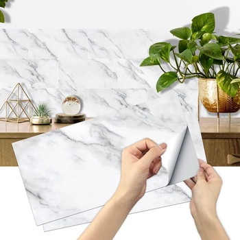 Samolepky na dlaždice 15x30cm do kuchyne, AMOYUN 12 kusov mramorových PVC samolepiek na dlaždice,