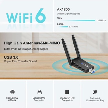 WiFi 6 AX1800 WLAN adaptér pre PC, dvojpásmový 2.4G+5G WLAN adaptér so vstavanými ovládačmi,