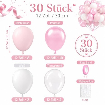 Sada 30 růžových a bílých balónků Koboko, 30palcové bílé a růžové balónky na narozeniny, bílé a