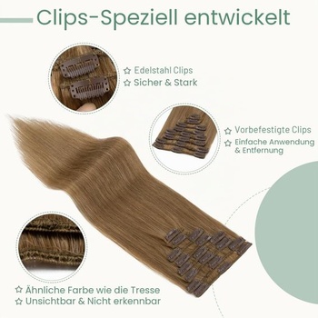 Vlasové prodlužování Rich Choices na clip-in, pravé lidské vlasy, 8 kusů, 20 cm, #6 světle hnědá,