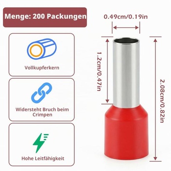 200 izolovaných dutinek na vodiče, 10 mm² x 12 mm, různý sortiment.