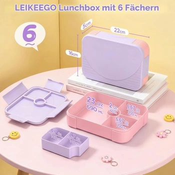 Dětský obědový box LEIKEEGO s přihrádkami, nepropustný bento box do školy, školky, fialový
