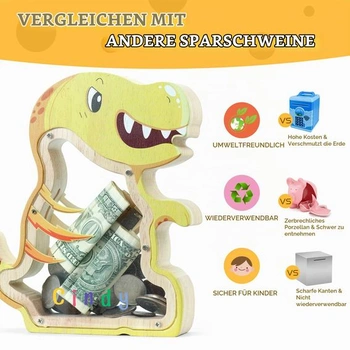 Drevené prasiatko pre deti, dinosaurie prasiatko (žlté) Tyrannosaurus Rex a samolepky