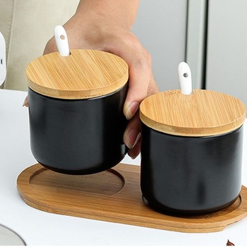 SHUESS 2dielna sada keramických koreničiek, čierna - 250ml soľnička s viečkom a lyžičkou, elegantná