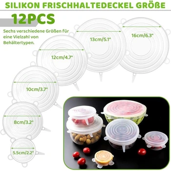 Silikonová strečová víčka, 12 kusů, 6 různých velikostí, opakovaně použitelná silikonová strečová