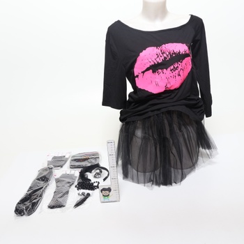 Dámský outfit WILDPARTY 80. let v růžové barvě, tričko, sukénka, kabelka na opasek, čelenka,