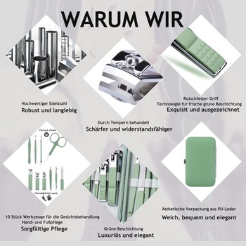 HANTEKAS 10-v-1 sada na manikúru z nerezové oceli, kleštičky na nehty, nůžky, nástroje na pedikúru