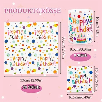 20 narozeninových ubrousků (33x33cm) + 8 držáků na čajové svíčky + 150 konfet, barevný puntíkovaný