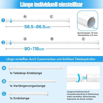 1 kus tyče na záclony bez vrtání 59-118 cm, bílá teleskopická tyč 59-118 cm - 1 kus bílý