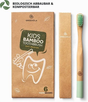 Detské bambusové zubné kefky Greenzla (balenie 6 ks) | Zubné kefky bez BPA s mäkkými štetinami
