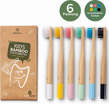 Detské bambusové zubné kefky Greenzla (balenie 6 ks) | Zubné kefky bez BPA s mäkkými štetinami