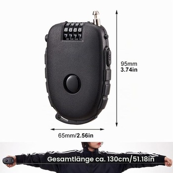 Káblový zámok so 4miestnym číselným kódom, oceľové lanko 130 cm, zaťahovací číselný zámok pre
