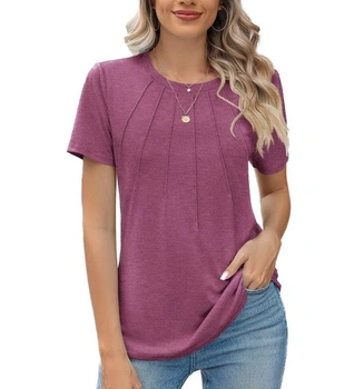 Dámské tričko, kulatý výstřih, plisované, elegantní top, ležérní, volné, tunika s krátkým rukávem,