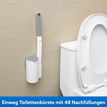 Wlich Jednorazová toaletná kefa, WC kefa, 48 náplní, nástenný držiak, biela a šedá, s 48