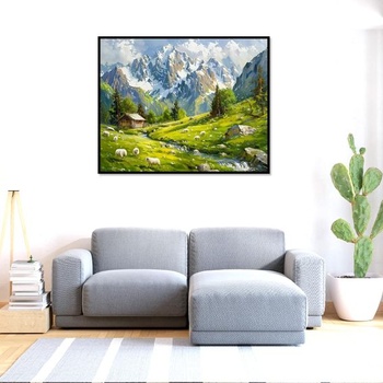 SHEGHUC 50x40cm štvorcové kamene diamantová maľba krajina hory rieka diamantová maľba vidiecky dom