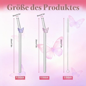 12dílná sada skleněných brček, 20 cm x 8 mm, se 2 čisticími kartáčky