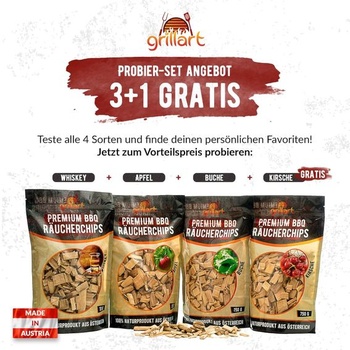Grillart® Premium BBQ Smoking Chips Mix XL súprava 4 kusov pre tú špeciálnu dymovú chuť - vysoko