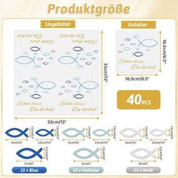 40 modrých ubrousků s rybičkami a 45 dřevěných dekorací s rybičkami, „Jsem ráda, že jste tady!“,