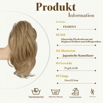 FESHFEN Krátky cop s klipom - Ohybný drôtený DIY drdol Príčesok Culíky Rovný drdol pre DIY