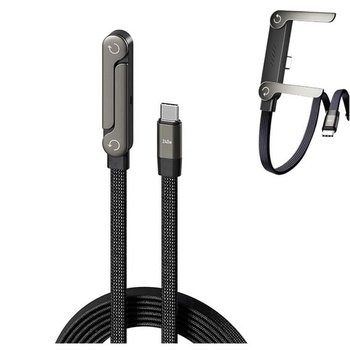 Nabíjací kábel 2 v 1 so stojanom, bočný nabíjací kábel 240 W s USB-C, nastaviteľný o 360 °, čierny