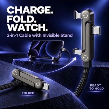 Nabíjací kábel 2 v 1 so stojanom, bočný nabíjací kábel 240 W s USB-C, nastaviteľný o 360 °, čierny