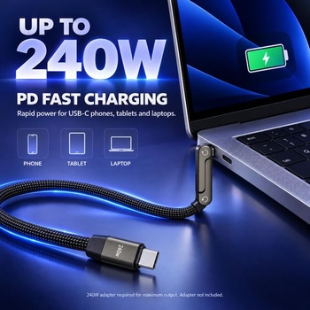 Nabíjací kábel 2 v 1 so stojanom, bočný nabíjací kábel 240 W s USB-C, nastaviteľný o 360 °, čierny